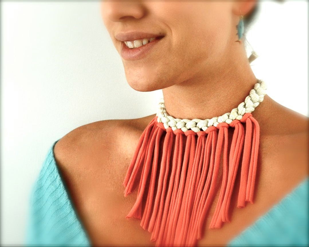 Bib Statement Necklace - Tangerine and Gold - Fabric Jewelry - Coral Fringe