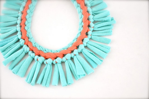 Turquoise Coral Statement Necklace - Pastel Tribal Upcycled Fabric Jewelry Fringe