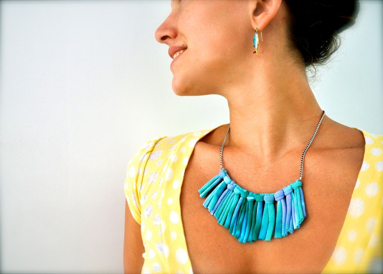 Turquoise Statement Necklace - upcycled Ombre Blue - Fabric Jewelry