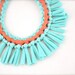 Turquoise Coral Statement Necklace - Pastel Tribal Upcycled Fabric Jewelry Fringe