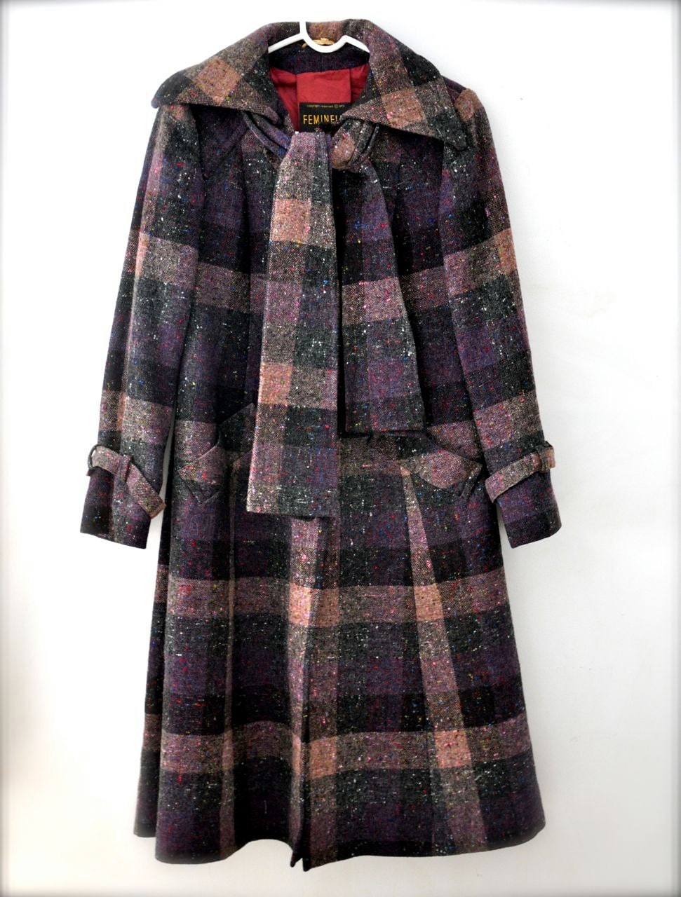Vintage wool coat - womens jacket - black plaid purple