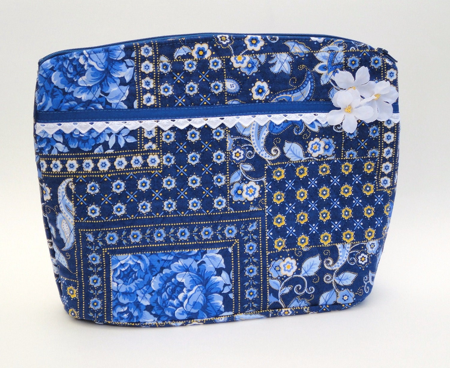 Large Toiletry Bag Cosmetic Organizer Bag Blue Quilted Floral