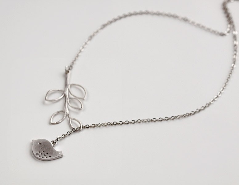 Bird Necklace, Silver branch, Bird pendant lariat, delicate gift jewelry, everyday, wedding, holidays, by balance9
