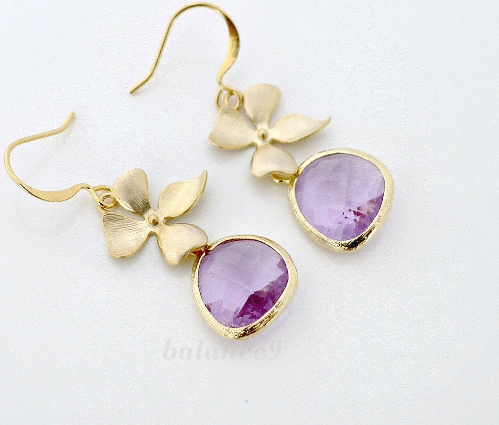 Lavendar earrings, gold framed glass crystal drop dangle, delicate orchid flower charm, bridesmaid gift wedding jewelry, by balance9