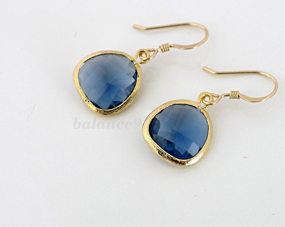 Montana blue earrings, framed glass crystal drop dangle earring, 14k gold filled ear wire, everyday jewelry, by balance9