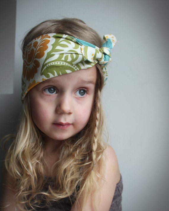 Bandana style headband - Floral Fabric Little girl headband - boho Tie up headband - Turquoise green flower - Toddler headband