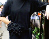 Black mini dress with ruffle attached belt,mid length sleeves,sexy little black dress designed by Cheryl Johnston for Cheryldine