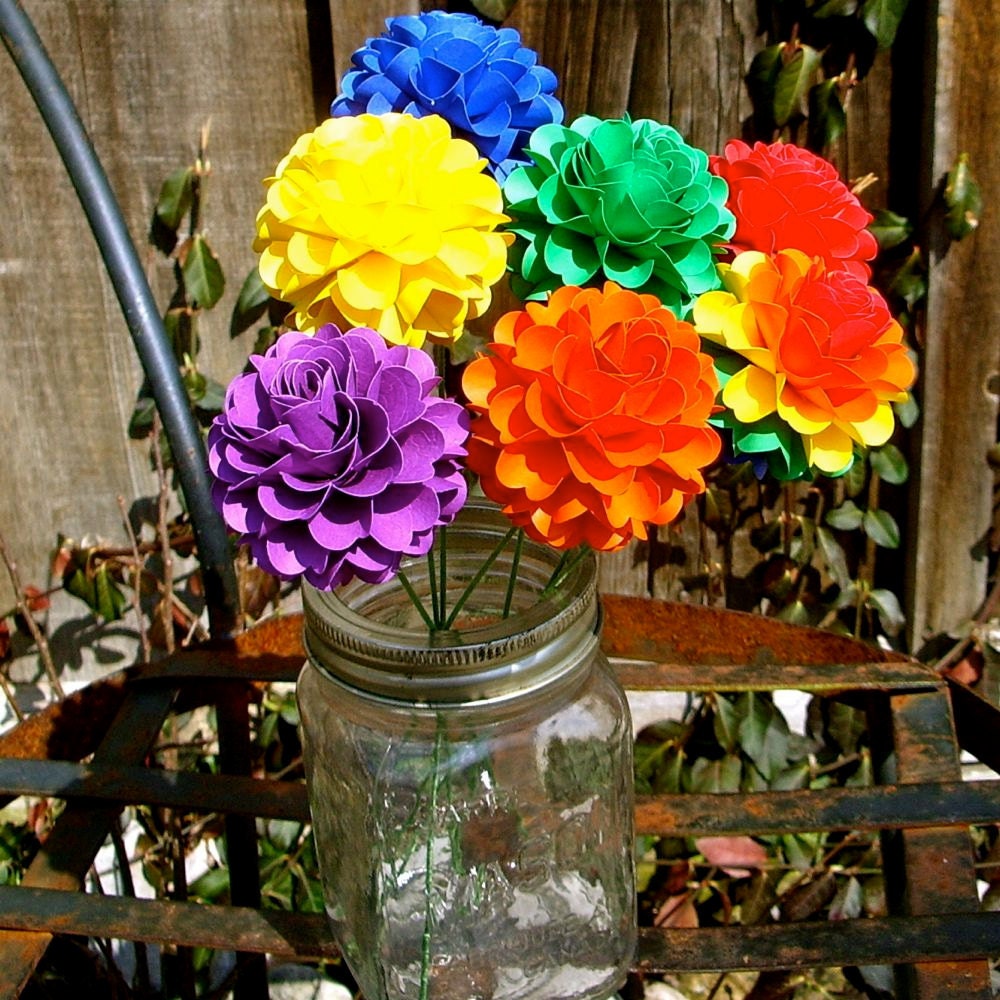 Handmade Paper Flower -  Pom Pom Chrysanthemum - Rainbow color - Set of 7 - Stems Included
