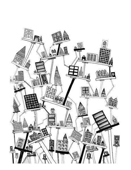 Original Drawing "Angled City" -  Original Black and White Archival Ink Pen Line Drawing 11x14" Black and White Art Abstract Illustration