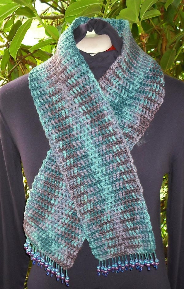 Beaded Edge Crocheted Scarf - Variegated Blues Purples 37  Fashion Accessory Neck Warmer Beading Crocheting