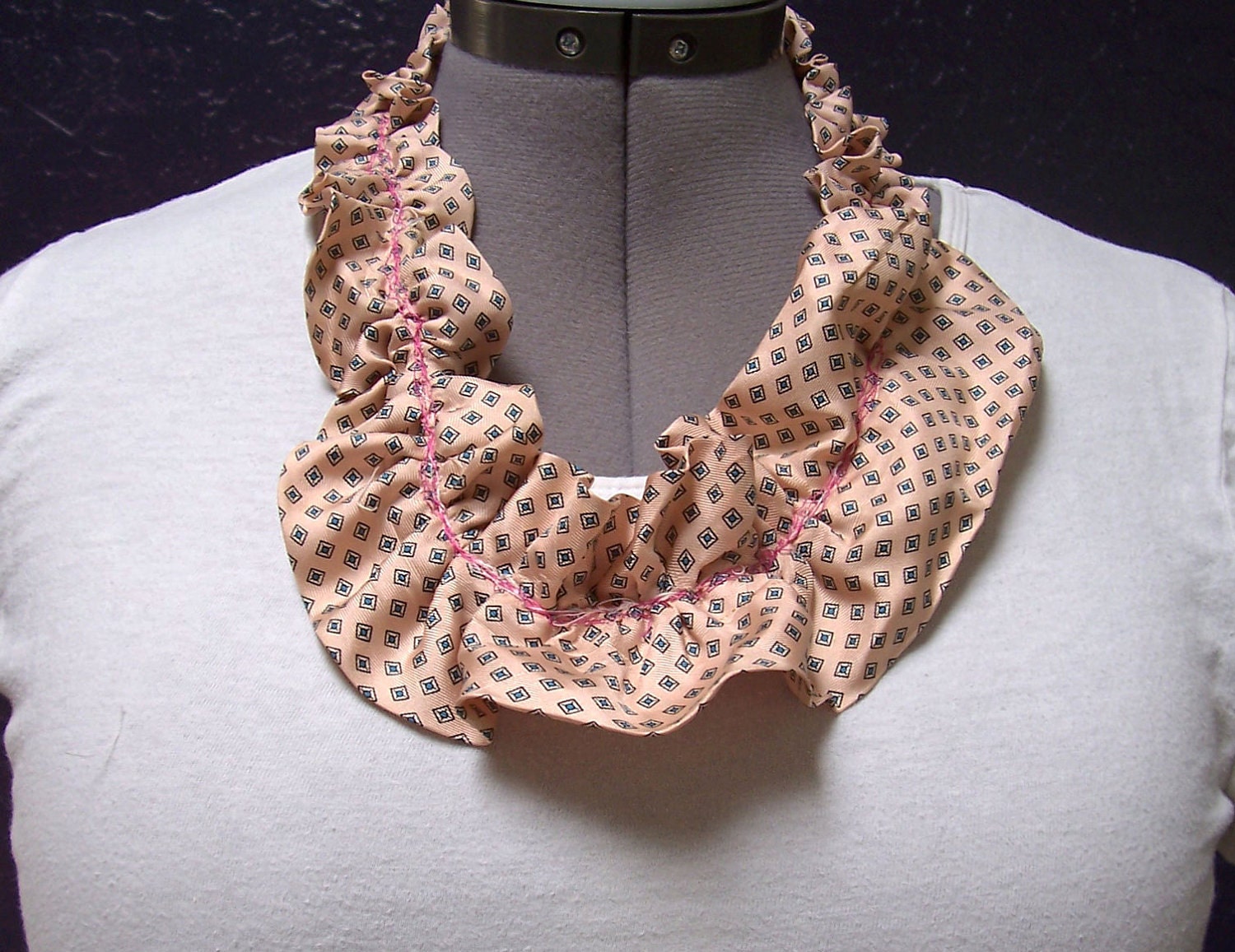 Collar - Ruffled Silk Recycled Necktie Modern Preppy Classic Print on Pink, Layer Victorian Fantasy Geek Chic
