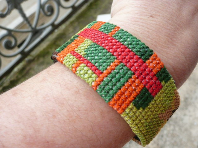 Dalila cuff - eco friendly upcycled vintage french OOAK needlepoint fabric - floral design green orange red