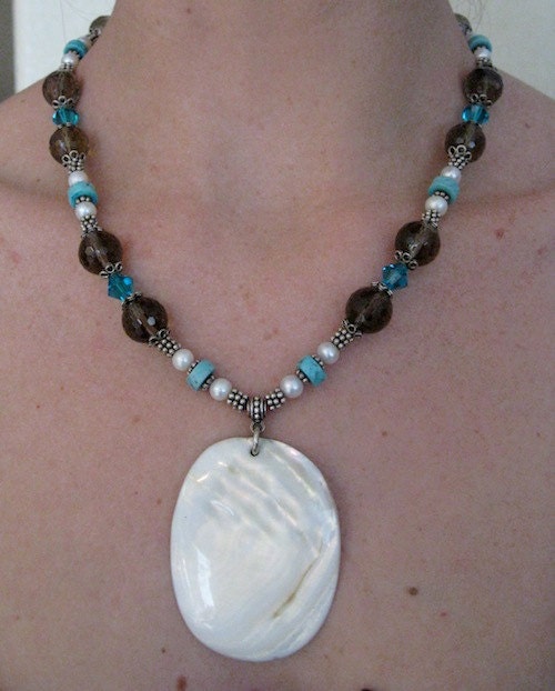 Sterling Silver, Smoky Quartz Beaded Necklace w/ Swarovski Crystal, Turquoise and Large Shell Pendant. OOAK Handmade Sterling Silver Jewelry