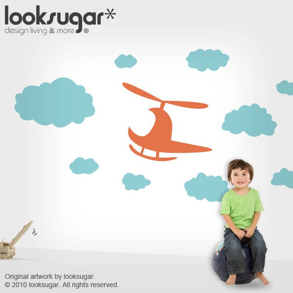 Baby Nursery Wall Decals with Clouds & Helicopter - Children and Kids Playroom - 0069