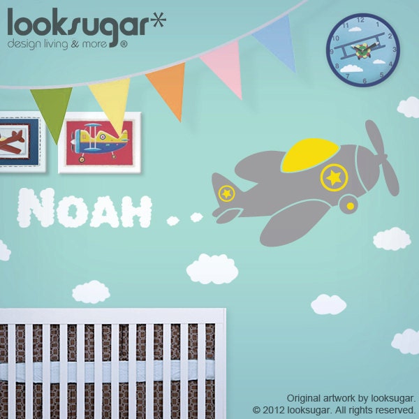 Personalized Children Wall Decal with Airplane - Kids Wall Art - Nursery Wall Stickers - 0090