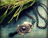 Green onyx necklace, sterling silver necklace, metalsmith necklace, oxidized necklace, rustic necklace, filigree necklace, vintage necklace