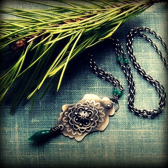 Green onyx necklace, sterling silver necklace, metalsmith necklace, oxidized necklace, rustic necklace, filigree necklace, vintage necklace