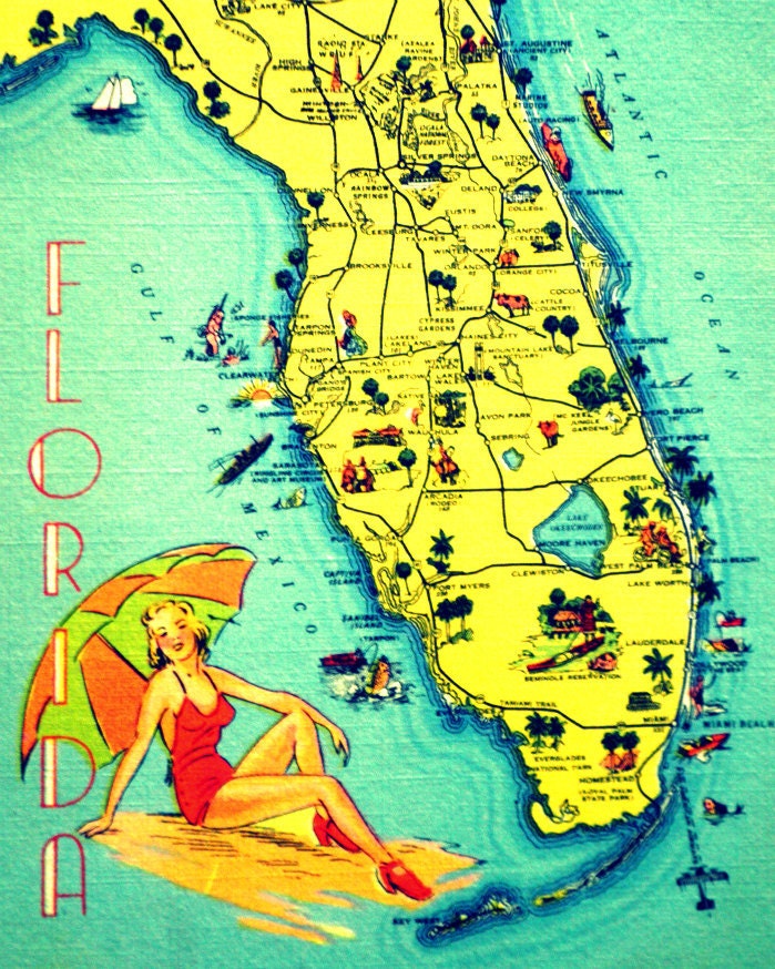 SUNNY FLORIDA  8x10 photograph retro state map picture summer fun babe coastal orange aqua red yellow color beach lover gift Nostalgia
