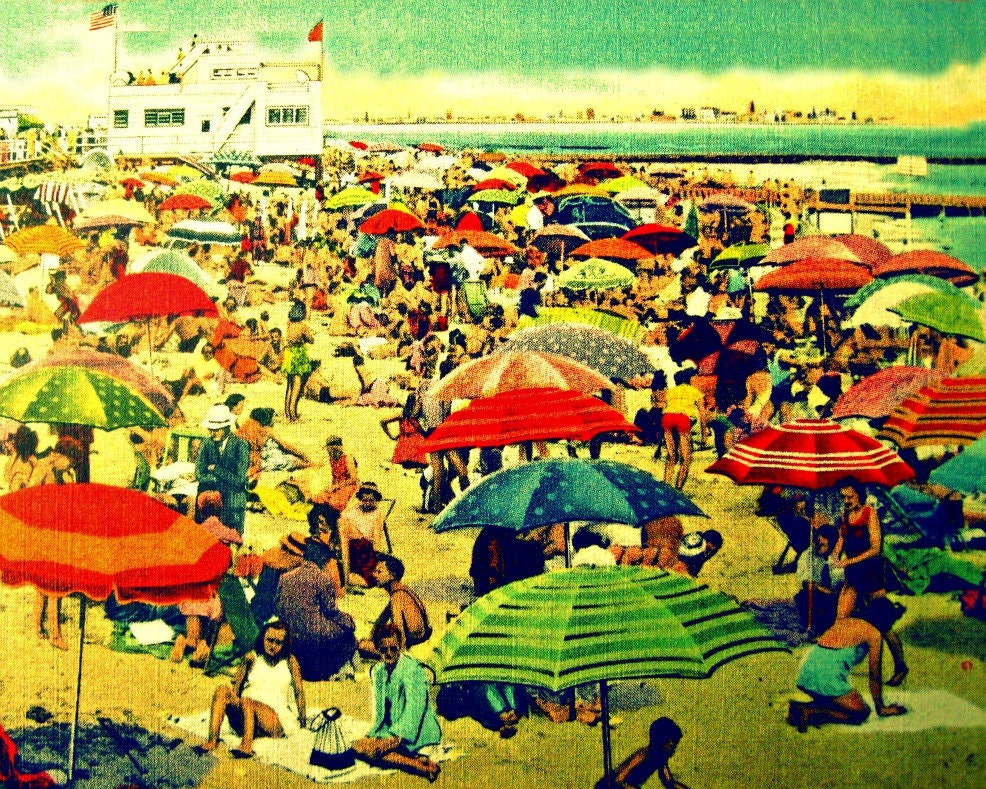 color beach umbrellas photograph  STRIPED BEACH 8x10 photo decor 1930s art deco vintage red aqua yellow coastal beach lover gift Nostalgia