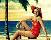 color photograph PRIVATE BEACH coastal decor 8x10 1940s red aqua yellow Florida vintage summer girl beach wedding gift beach lover gift