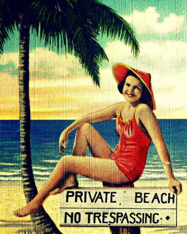 beach photograph PRIVATE BEACH coastal decor 11x14 1940s red aqua yellow Florida vintage summer girl beach wedding gift beach lover gift
