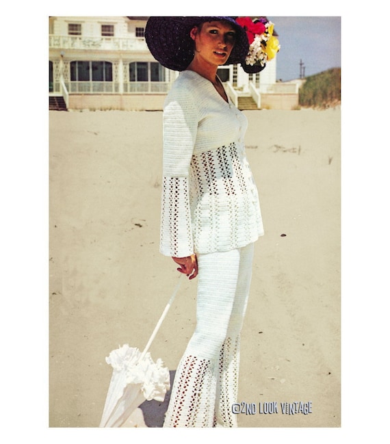 Vintage Crochet Pattern Pants Suit See Through Blazer Jacket 1970s Digital Download PDF