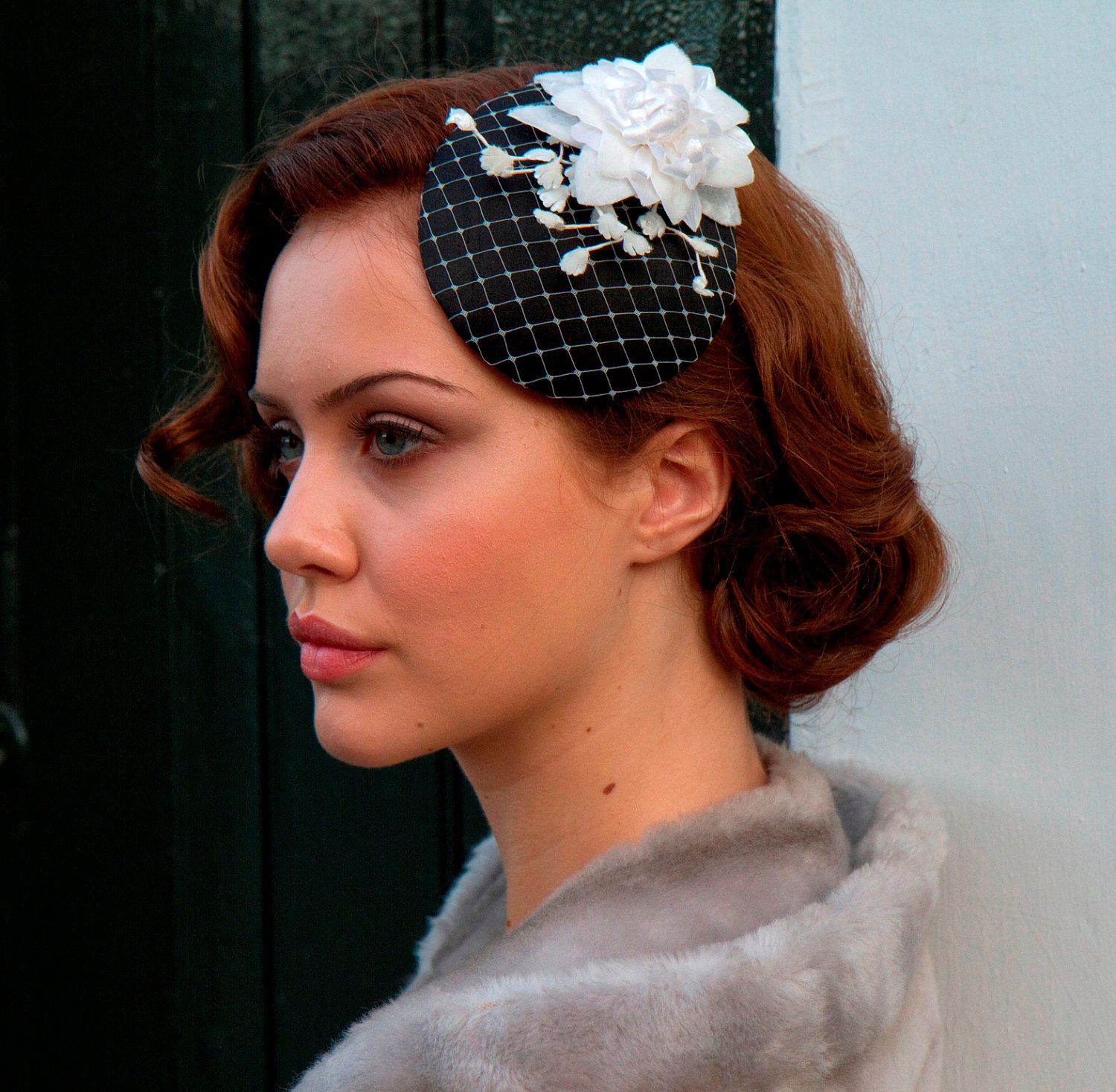 Bridal cocktail Hat,Rockabilly fascinator,Hair accessory White velvet flower and Birdcage veiling. Black, white or custom colour