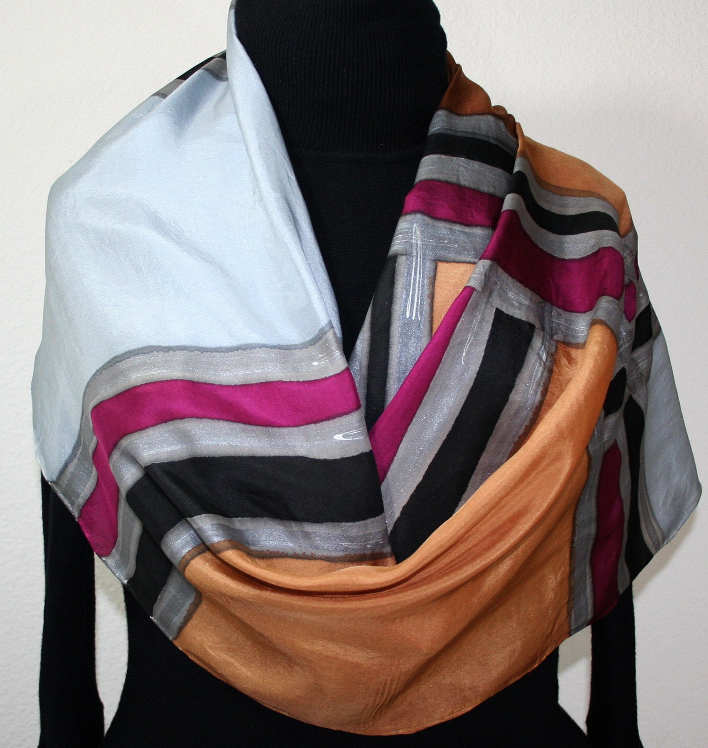 Hand Painted Silk Shawl. Brown & Gray Silk Wrap. Silver Elegance Silk Scarf. Silk Scarves Colorado. Extra-LARGE 21x70 in.MADE to ORDER scarf
