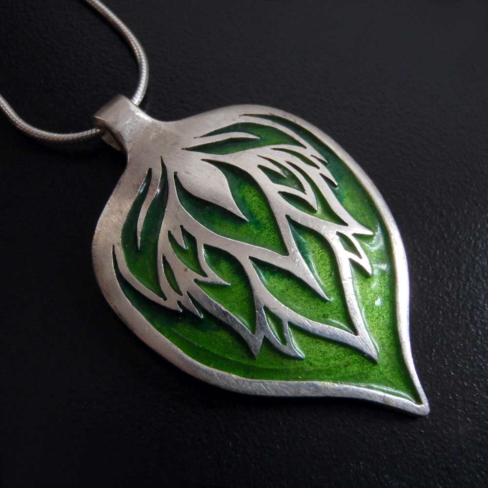Big silver pendant - green leaf - enamelled