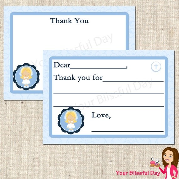 PRINTABLE First Communion Girl Fill-in-the-Blank or Stationery Thank You Cards (Character of your choice) Il_570xn