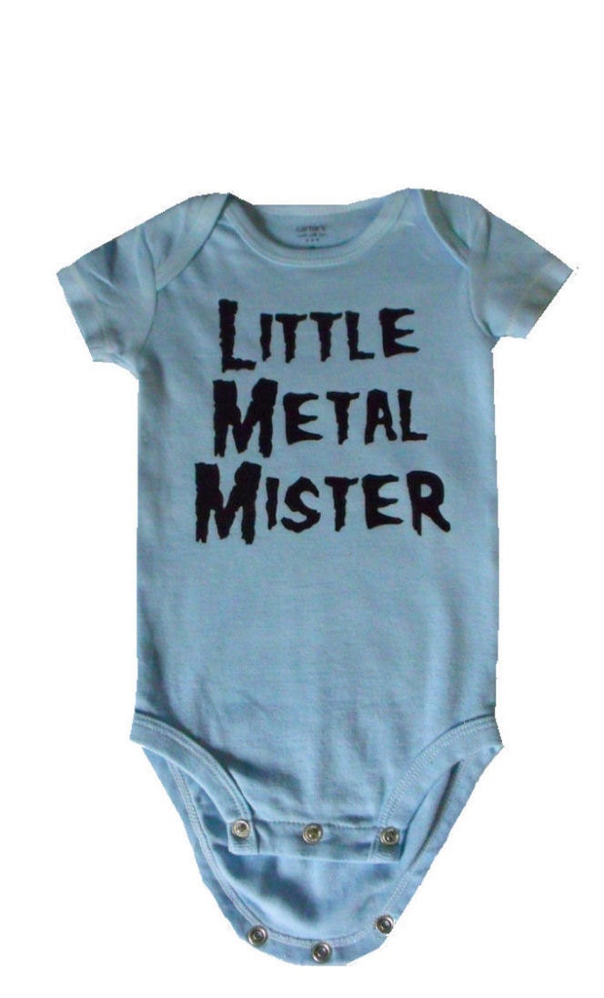 Little Metal Mister onesie for punk rocker / heavy metal baby boy in size newborn or 3 months light blue bodysuit