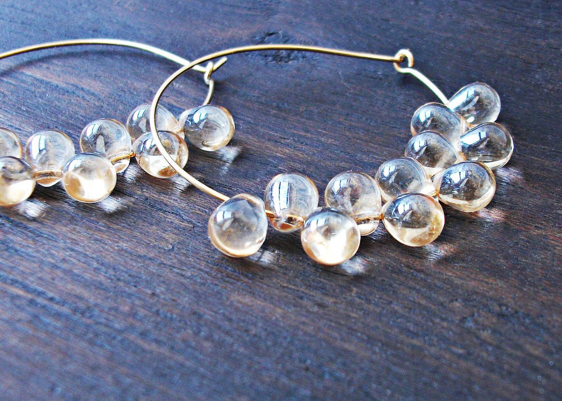 40% OFF! Gold Hoops Earrings. Champagne Rain Drops. Golden Crystal Clear pear briolettes. - GoddessOfJewelry
