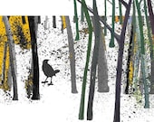 Digital art print blackbird Bird in trees  - spring  digital print  nature earth yellow black