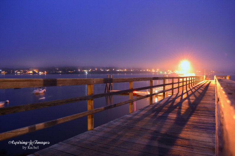 Landscape Photography Ocean Dock Night Wall Art Relaxing Home Décor Purple Pink Print Evening Boats Photo Maine Blue 8x12 Photograph