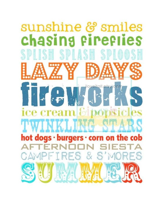 Summer Rules Subway Wall Art Decor . Summertime Beach Vacation Bucket List . Fireworks . 8x10 // Aqua Turquoise Red Yellow Orange Print