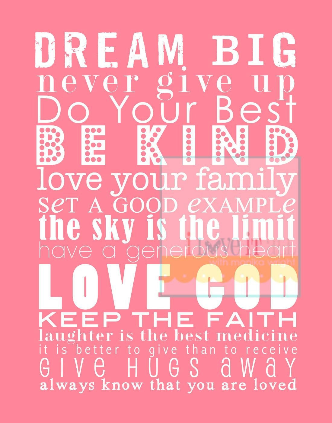 DREAM BIG House Rules Subway Art Poster Print . Be Kind Faith Love God // 11x14 Baby Kid Children Nursery // Red Yellow Blue Pink Black