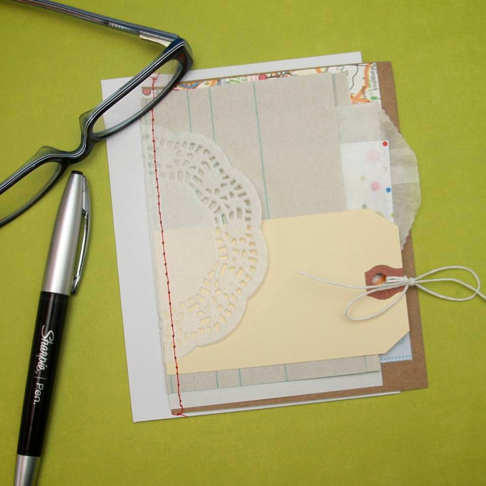 Rustic Mixed Media Greeting Thank You Note Card . Junk Journal Smash Mini // Machine Stitched Book Page . Shipping Tag // A2 size