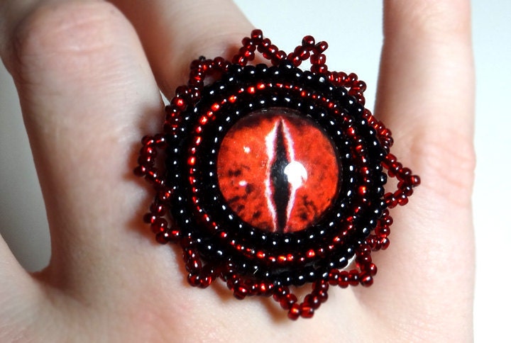 Evil Eye Ring Red and Black Gothic Steampunk Unique Adjustable Band Dragon Eye Fantasy Ring - MegansBeadedDesigns