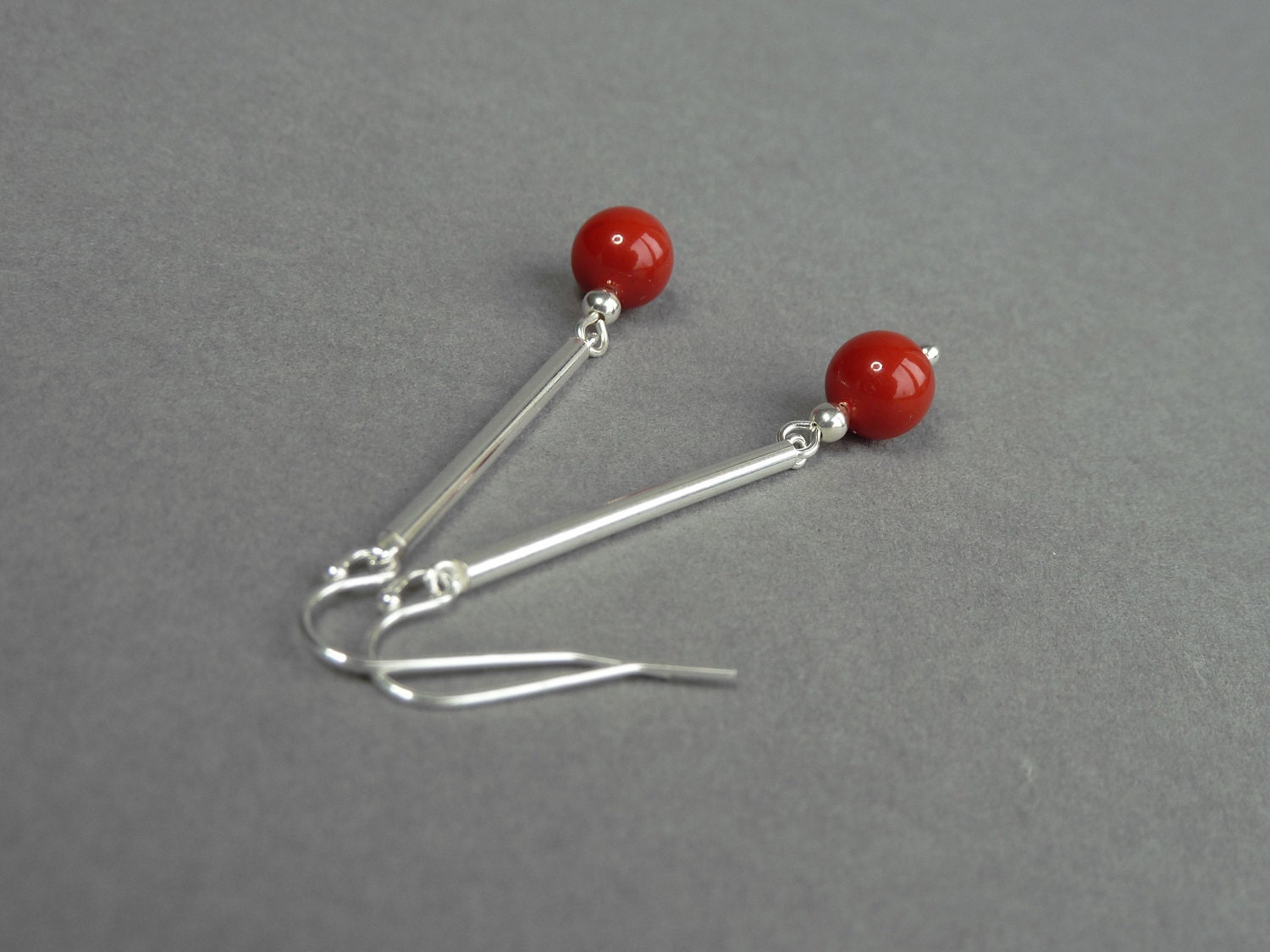 Coral Red Earrings - Bridesmaid Jewelry - Sterling Silver and Red Pearl Drop Earrings - Dangly Swarovski Pearl Earrings