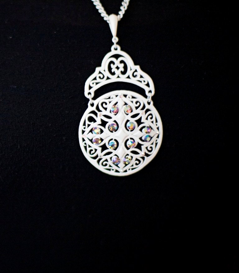 Vintage Rhinestone White Enamel Art Deco Statement Necklace One of A Kind