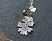Personalized Jewelry, Silver Dipped Oak Leaf Necklace, Stamped Heart Charm,Smokey Quartz Gemstone, Bridesmaid Necklace, Fall/Winter Wedding