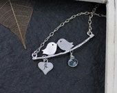 Silver Necklace New Mom, Love Birds, Initialed Stamped Charm Personalised Jewelry Birthday gift Annivesary