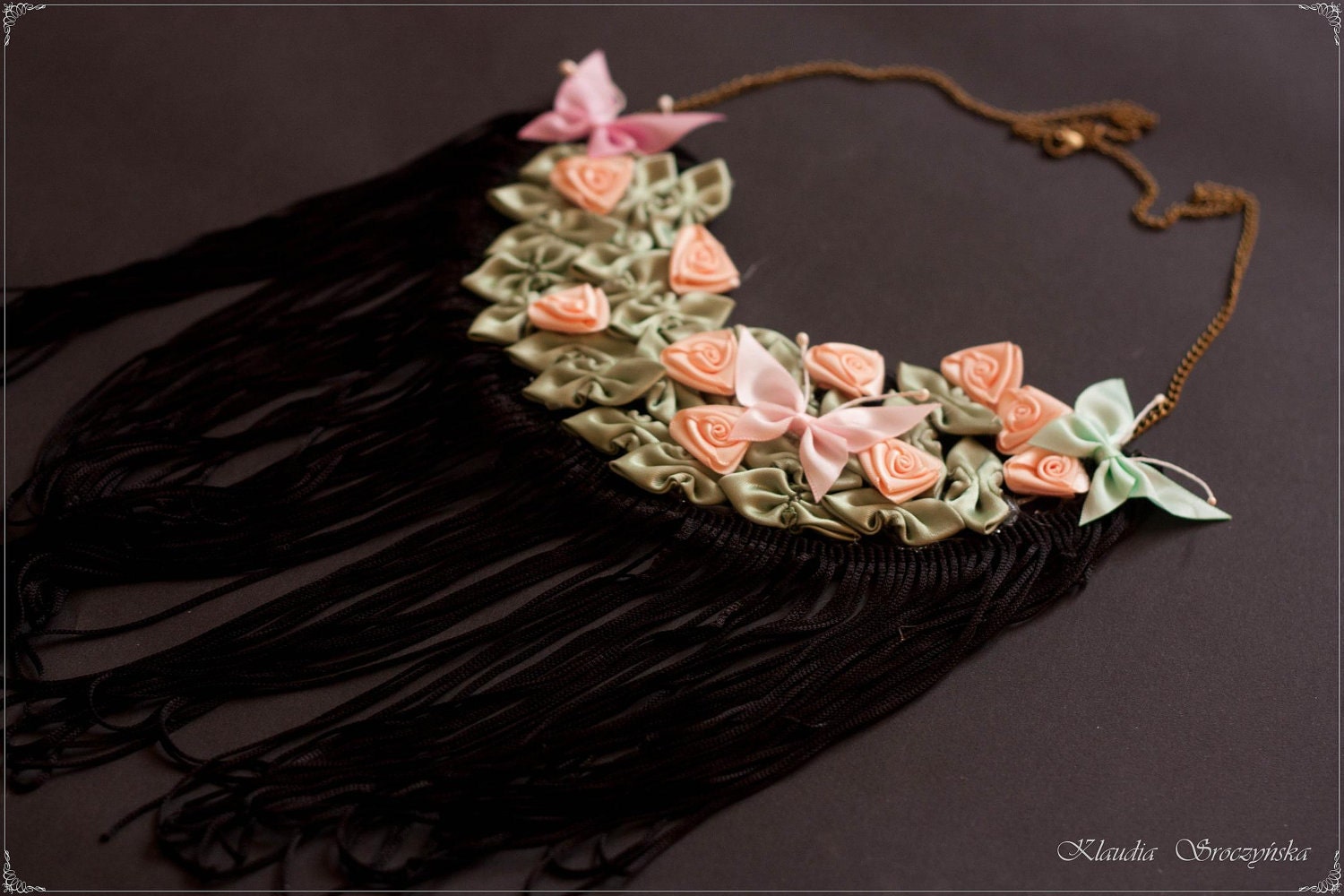 Modern Bridesmaid Necklace Bib Necklace with satin flowers and long fringe Fringe Necklace Modern bride
