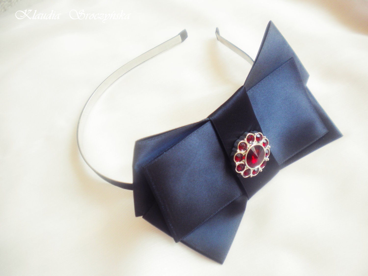 Satin Bow Headband in Black - Satin Bow Tie Women's headband-Skinny Headband with Large Satin Bow - French Chic-Shabby chic