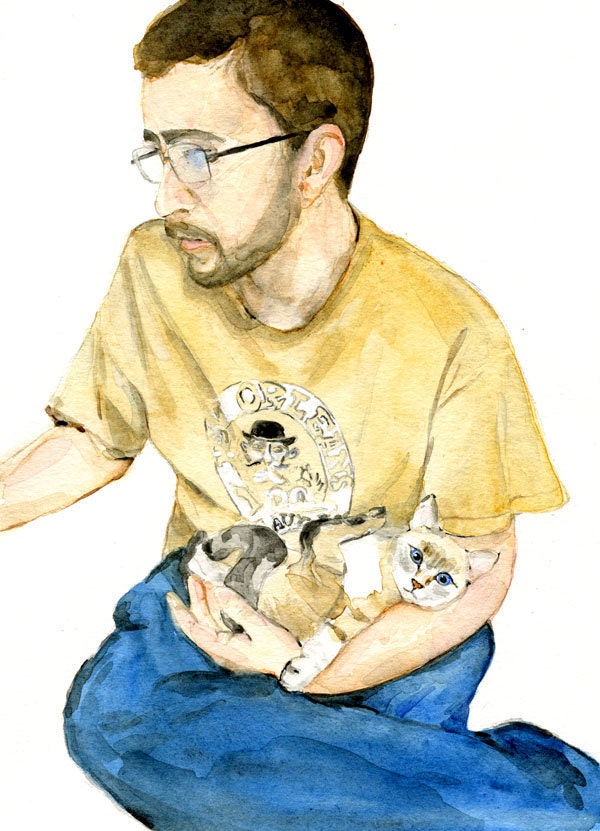 Custom Portrait of You and Your Loved Pet - Original Watercolor Painting 10x8inches