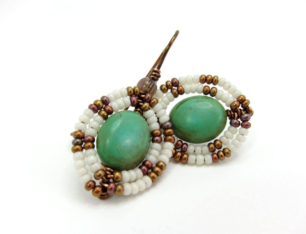 Turquoise Earrings, Egyptian Goddess, Bronze, White, Wire Wrapped Dangle
