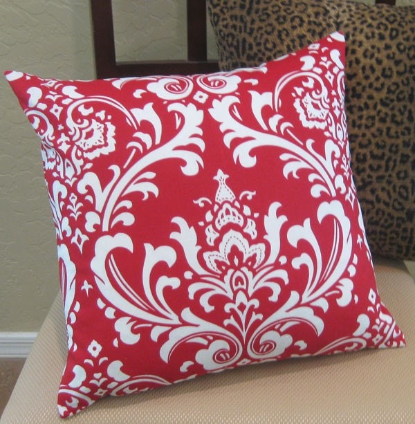 Ornate Red and White Damask Pattern Throw Pillow Cover