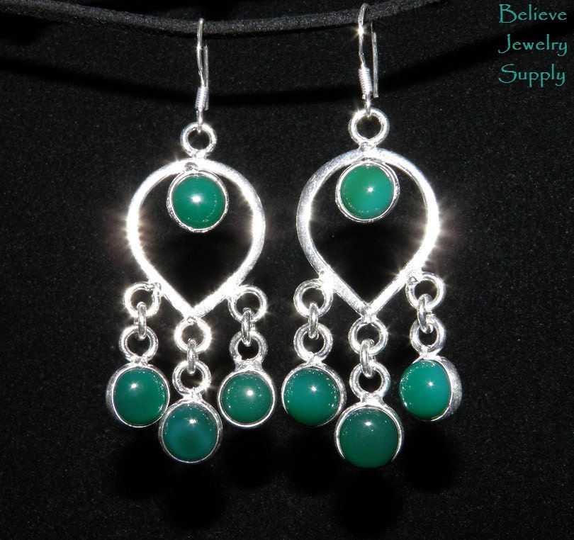 Emerald Green AGATE Genuine Round Natural Gemstones Chandelier Dangle Handmade Earrings Jewelry With 925 Sterling Silver Metal
