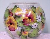 Glass Vase or Candle Holder with Hand Painted Pansies