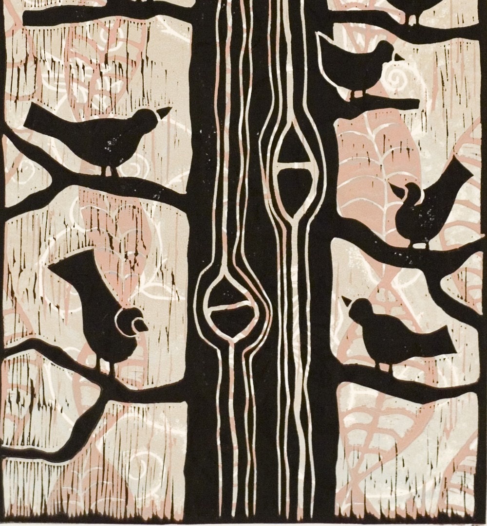 linocut print, Birds in a Tree, contemporary art in pastel orange and cloudy grey